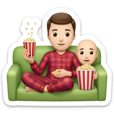male memoji, lazy man in pajamas, lying on couch, holding TV remote, relaxed face, casual home vibe, popcorn bucket sticker