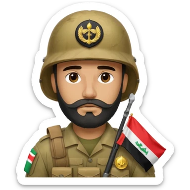 A tired, swarthy Iraqi soldier with a beard, an Iraqi flag on his helmet, a sad expression and bags under his eyes sticker