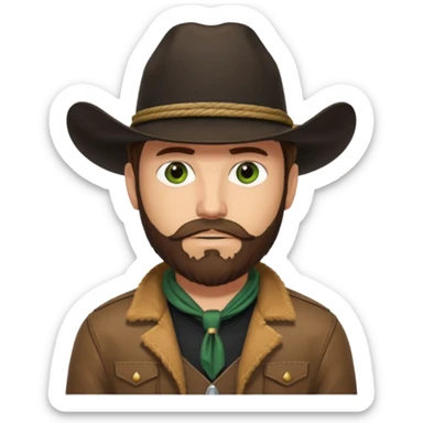 yellowstone ranch cowboy with brown beard, black cowboy hat with black rope and no jewel, black t-shirt, leather tan jacket, and green eyes sticker
