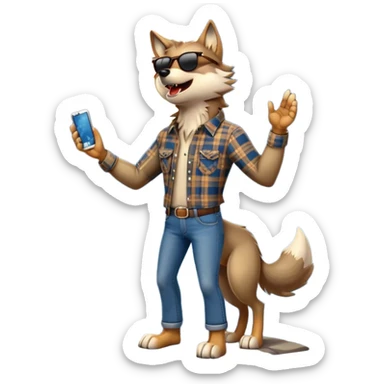 friendly anthropomorphised wolf in jeans and plaid shirt, wearing dark sunglasses, howling with the moon in the background, dynamic pose sticker