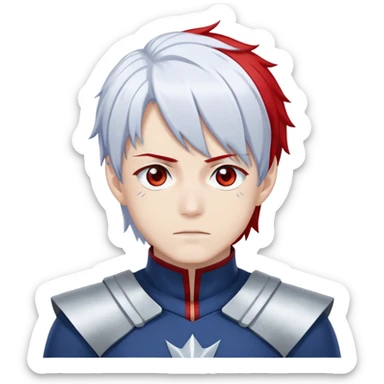 Shoto Todoroki from My Hero Academia with half red half white hair, heterochromia eyes one blue one gray, wearing his hero costume sticker