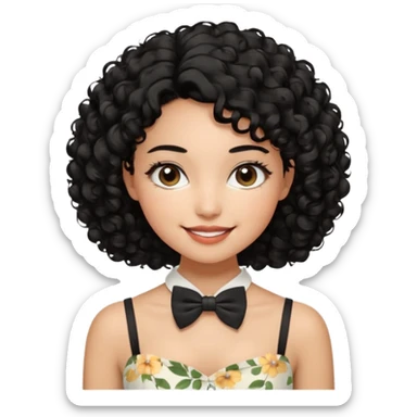 A young woman. She has voluminous, curly black hair that frames her face beautifully. Her skin tone is warm and glowing, and she has a subtle, natural makeup look. She’s smiling softly at the camera. She is wearing a white floral top with thin straps and a small bow tie detail in the front. sticker