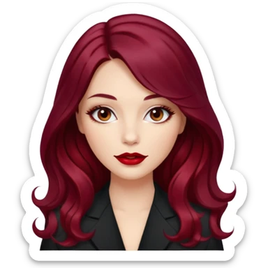 Draw a young glamorous woman with LONG dark burgandy cherry hair in a centre hair part styled slightly wavy sticker