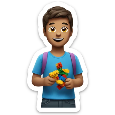 Brunette boy want Lego sticker