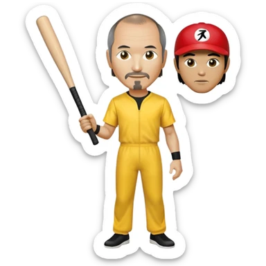 Steve Jobs wearing Bruce Lee's yellow jumpsuit, holding a baseball bat and ball sticker