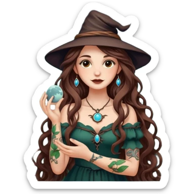 cute forest witch woman long wavy brown hair tattoos holding tiny moon sticker
