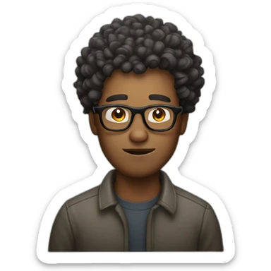 guy with curly hair and glasses making a bomb sticker