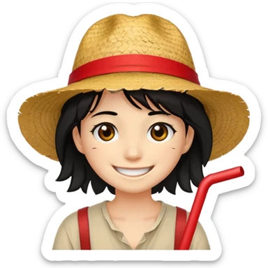 Un personnage avec la peau beige une cicatrice sous l'oeil des cheveux noirs en bataille et un chapeau de paille avec une bande rouge il arbore un grand sourire sticker