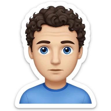 A man emoji with light skin, wavy dark brown hair styled with a curl falling on his forehead, thick dark eyebrows, striking blue eyes, a straight nose, and a clean-shaven face with a neutral expression. sticker