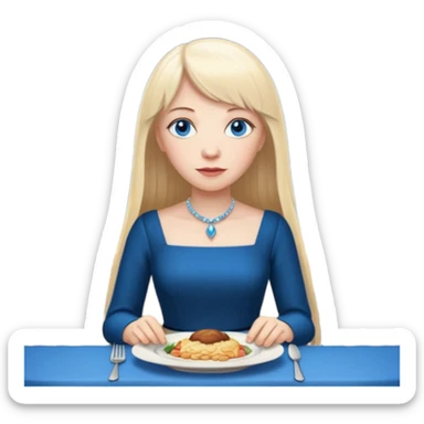 450 yr old white woman, pale skin, long straight blond hair parted in center, blue eyes, bangs, clothes for dinner sticker
