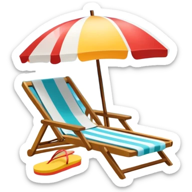 Vibrant Icon for Beach Tourism: a sunny beach with the sea, a lounge chair, a sun umbrella, and flip-flops. The icon should capture the essence of a relaxing beach vacation with a carefree atmosphere. Transparent background. sticker