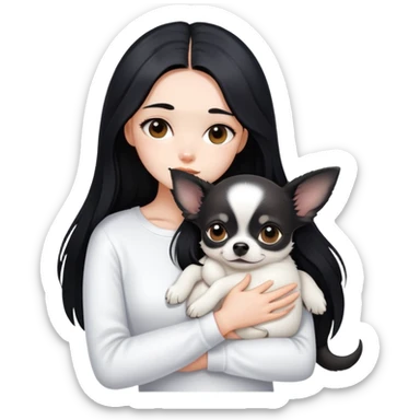 A girl with fair skin, long black hair, white clothes, gently, with both hands tightly, hugging a black Chihuahua sticker