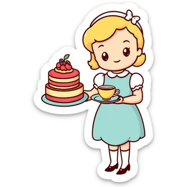 Charming British girl in vintage dress having afternoon tea with fancy teacup, scones and cake stand sticker