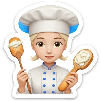 Young female baker - white chef hat, holding cream piping bag to milk oil on bread sticker