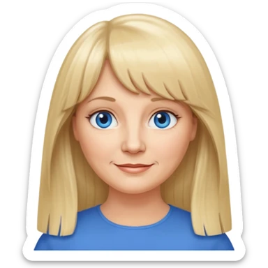 50 yr old white woman, curtain bangs, very long straight blond hair, oval face, small smile, blue eyes, slightly chubby face sticker