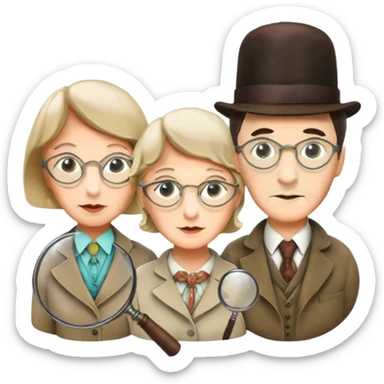 Icon for Detective Movies: A colorful collage with Sherlock Holmes, Miss Marple, and Pinkerton. Include magnifying glasses, clues, and detective tools. The design should evoke mystery and intrigue, with a classic detective movie feel. Transparent background. sticker