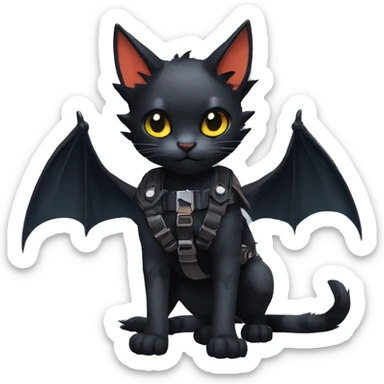 Cool Edgy Ethereal Fantasy Litten-Nargacuga-Cat with black bat-wing-ears with a harness full body sticker