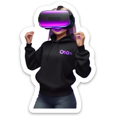 Russian girl wearing black hoody with violet letters "OMG", in vr headset oculus quest2. Dancing. Cyberpunk style. Violet neon. sticker