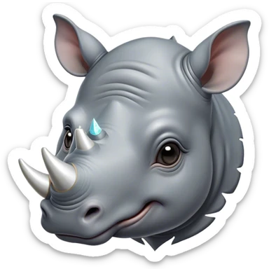 Cinematic Cute Rhinoceros Portrait Emoji, Head tilted playfully and inquisitively, featuring a rugged, glossy slate-gray hide with a gentle, rounded white horn and round, sparkling eyes filled with curious wonder, Simplified yet irresistibly adorable features, highly detailed, glowing with a warm, friendly glow, high shine, affectionate and mighty, stylized with a touch of ancient charm, bright and endearing, soft glowing outline, capturing the essence of a mischievous yet loving rhinoceros, so playful it feels like it could stomp out of the screen and into your arms! sticker