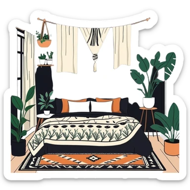 modern bohemian bedroom with hanging plants, layered patterned rugs, and lots of cozy blankets on bed sticker