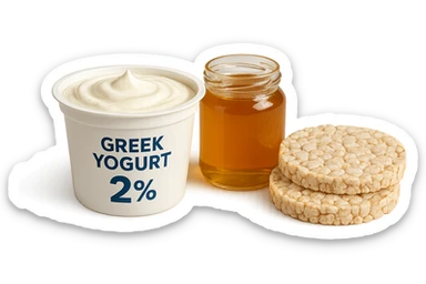 Yogurt Greco 2%
Miele (senza il cucchiaio di legno)
Gallette di Riso
vista frontale, iperrealistico 4k sticker