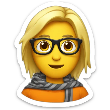 Club-Pengun-yellow penguin with black glasses dirtyblonde hair with orange tshirt and gray striped scarf sticker
