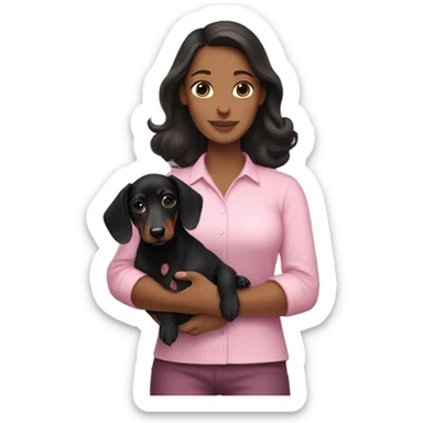 a brunette woman in a pink shirt, with white skin, holding black dachshund puppy in her arms lovingly sticker
