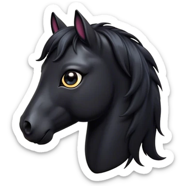 Cinematic Cute Black Horse Portrait Emoji, Head tilted playfully and inquisitively, showcasing a glossy black fur with a striking sheen and expressive dark eyes filled with curiosity, Simplified yet irresistibly adorable features, highly detailed, glowing with a warm, friendly glow, high shine, affectionate and spirited, stylized with a touch of whimsy, bright and endearing, soft glowing outline, capturing the essence of a mischievous yet loving horse, so playful it feels like it could trot out of the screen and into your arms! sticker