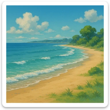ghibli style peaceful beach scene with gentle waves sticker