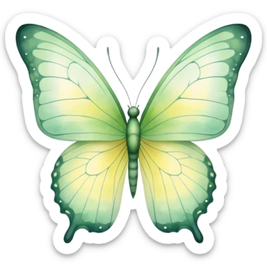 A delicate butterfly with translucent, pastel green wings, featuring subtle vein patterns and a gradient of light yellow and sage. The watercolor strokes give it a dreamy, ethereal appearance as it hovers in mid-air.
 sticker