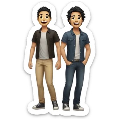 Gay couple, 1 guy Latino black hair and 1 Australian guy blonde hair with a cat in the middle laughing full body sticker