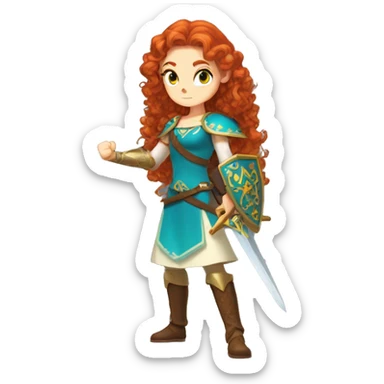 a white girl with long red curly hair and freckles, cosplaying Princess Zelda posing and ready for a fight sticker