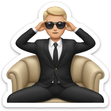 white man in formal suit wearing sunglasses resting with hands behind head sticker
