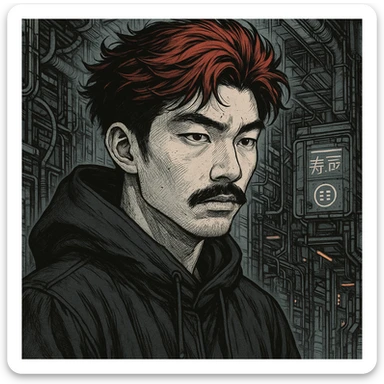 Asian man with black mustache, red hair, black hoodie, Japanese manga style inspired by Ghost in the Shell, cyberpunk atmosphere, detailed linework, monochrome with subtle color accents sticker