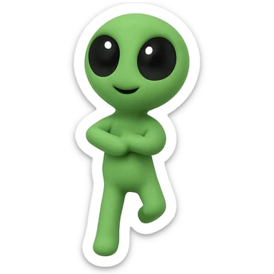 Create a neon green alien dancing, almost identical to the reference image, with minimal changes in the positions of arms and legs, looking straight ahead. This is frame 14 of the animation. PNG with transparent background. sticker