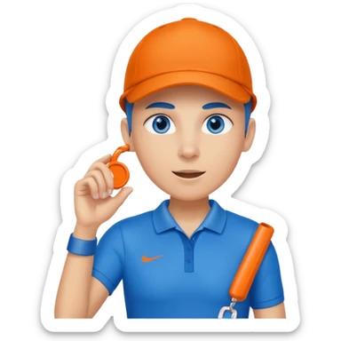 Make a friendly emoji style mascot for Sports Eye. Character will be blue sporty eye with a face, wearing a whistle, symbolizing coach giving guidance. design should be modern, friendly, & energetic, like a sports coach avatar. Primary color #2051E5 small touch of orange. sticker