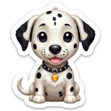 Cinematic Cute Spotted Dalmatian Portrait Emoji, Head tilted playfully and inquisitively, featuring a glossy Fur of predominantly white with dynamic black patches, round, sparkling eyes filled with gentle curiosity, Simplified yet irresistibly adorable features, highly detailed, glowing with a warm, friendly glow, high shine, affectionate and gentle, stylized with a touch of whimsy, bright and endearing, soft glowing outline, capturing the essence of a mischievous yet loving pup, so playful it feels like it could lumber out of the screen and into your arms! sticker