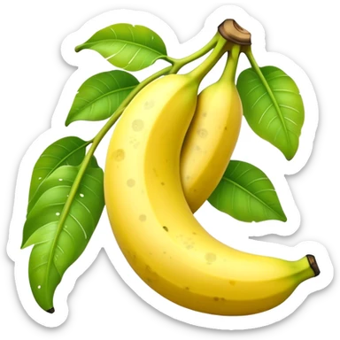 Cinematic Realistic Banana Emoji, Bright and cheerful, with a smooth, yellow peel slightly speckled with spots, revealing a soft, sweet interior. The banana is curved elegantly, standing out against the soft green leaves. Soft glowing outline, capturing the essence of tropical sweetness and energy in a ripe banana. sticker