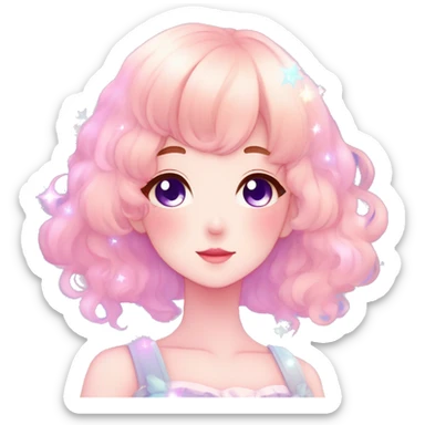 Gorgeous pastel anime style lady blushing nebula-gradient-sparkle face dreamy idol model colorful shiny stars galaxy kawaii cottagecore pearly petite simplistic aesthetic trending style sticker