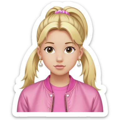 High school white girl with long blonde hair hair tied into a ponytail. Wearing a pink tee shirt with a bomber jacket and pearl stud earrings. She’s also wearing a short, dainty and girly (maybe 16”) gold chain sticker