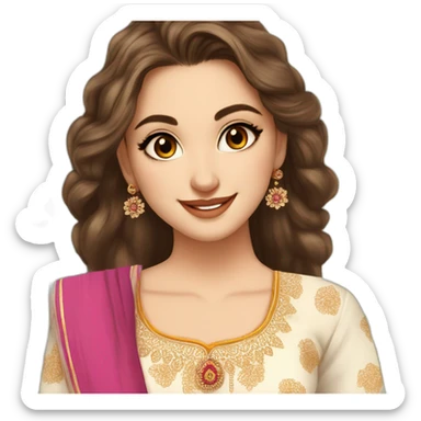a most beautiful white girl with a small bindi in forehead with jimika and cute loose hairstyle wearing a blur anarkali kurti and a beautfiul smile with flowers sticker