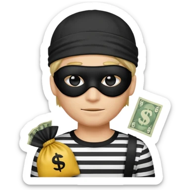 a short ios emoji-style portrait of a classic burglar, a black eye mask (looks like a blindfold) and a black-and-white striped shirt. emoji-like hair, black hat, ONE bag of money 💰 with a dollar sign in a right corner sticker