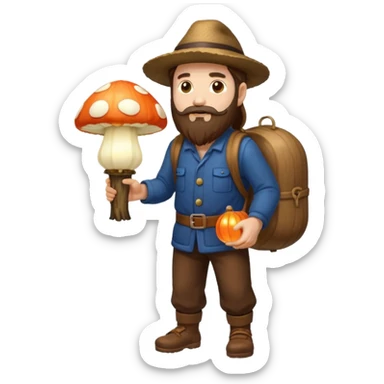 full body man long brown hair brown eyes medium beard white skin carrying glowing mushroom lantern sticker