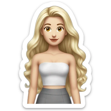 hyperrealist caucasian long hair blonde brown eyes strapless white low cut top gray tight mini skirt black shoes complete body sticker