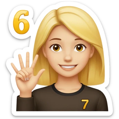 yellow smiling face girl with one hand flat under chin. With the number 6 on the left hand and the number 7 on the right hand sticker