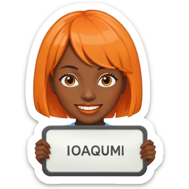dark skinned Black woman with orange bob wig like Chucky's hair, visible plaque on her teeth sticker