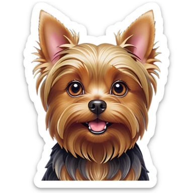 Cinematic Comical Yorkshire Terrier Portrait Emoji, Head tilted dramatically with an exaggeratedly surprised, comical expression and wide, expressive eyes, featuring a perky, well-groomed fur in rich hues, simplified yet hilariously detailed, glowing with a bold, sassy radiance, high shine, exuding playful mischief and cheeky terrier attitude, styled with a soft glowing outline, capturing the essence of a Yorkshire Terrier that appears ready to comically dash out of the frame! sticker