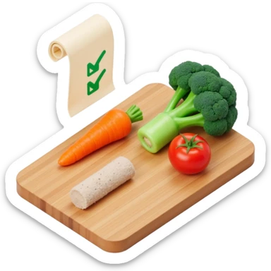 carrot tomato brocoli on the wooden cutting board with floating rolled paper list with green checkboxes sticker