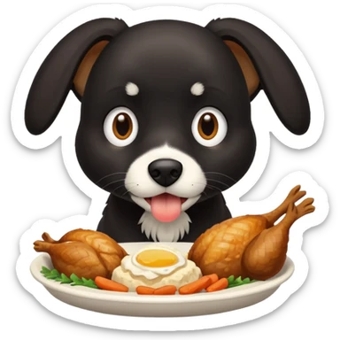 Can you create a black dog with a white stripe chasing it’s own tails and eating chicken sticker