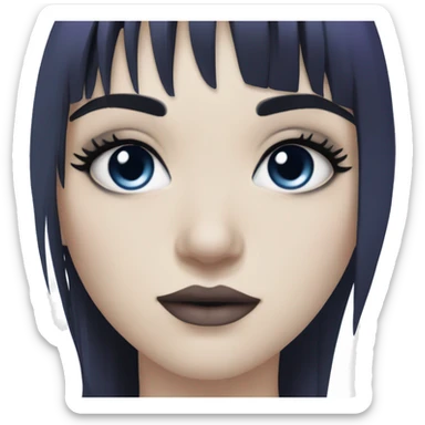gothic girl, pale skin, blue eyes, long hair, deep dark purple hair, bangs, black clothes, eyeliner, upper lip beauty mark sticker